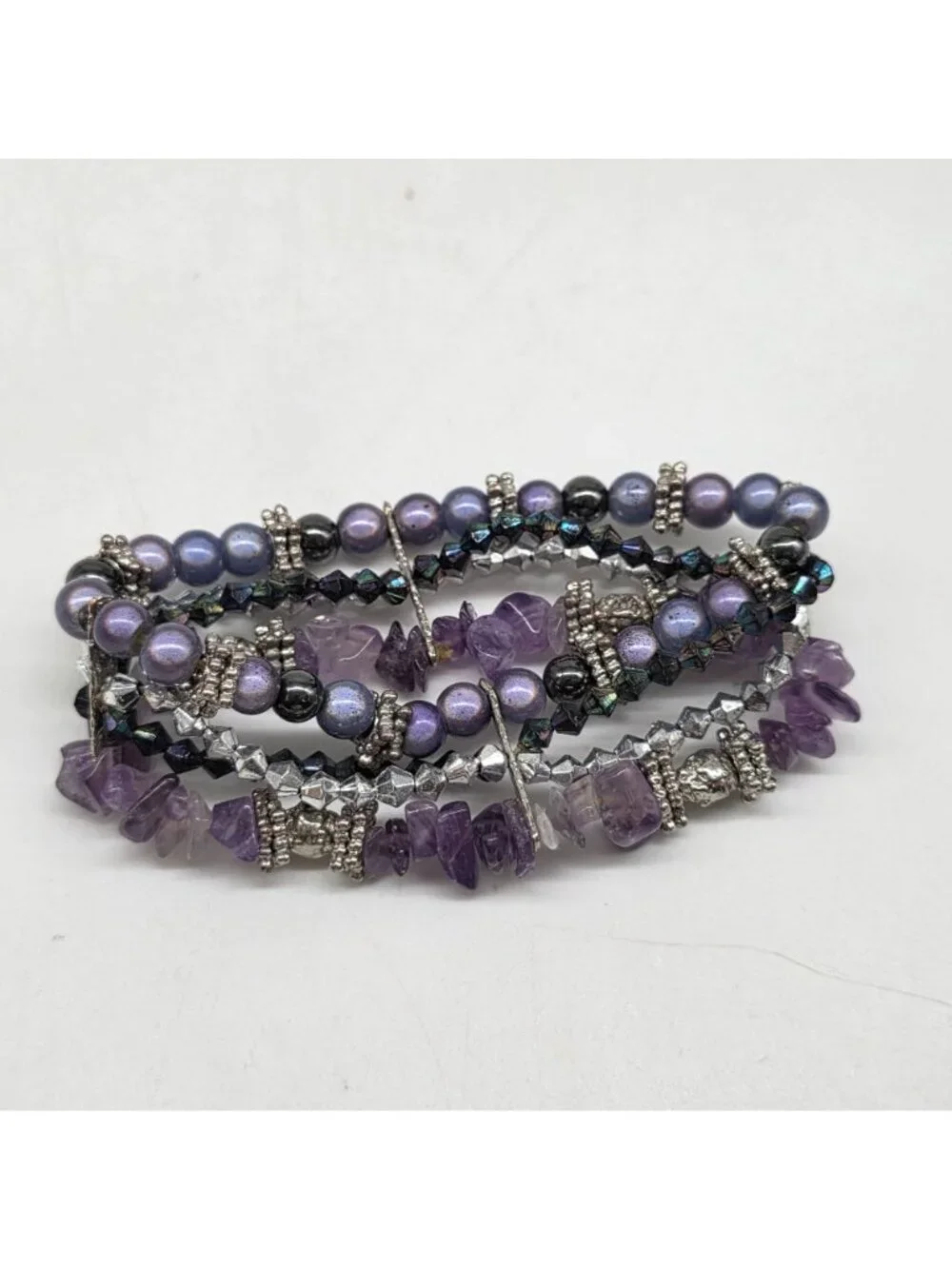 Amethyst Chips Bracelet Purple & Silver Multi-Strand Beaded 1" Wide - Picture 4 of 4